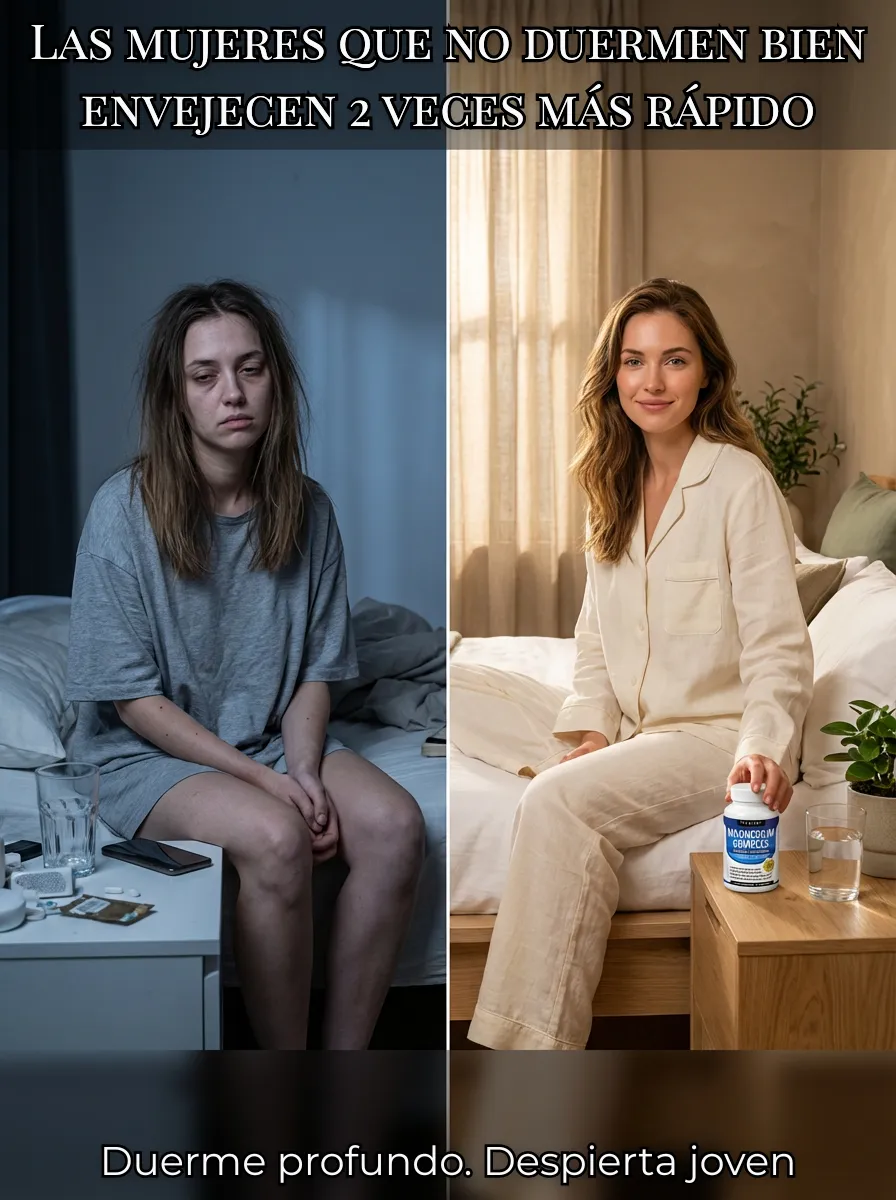 Antes y despues — mujer cansada vs mujer radiante con Magnesium Complex